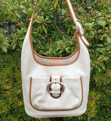 BRIGHTON Ivory Off-White Pebbled Leather Tan Trim Hobo Shoulder Bag Tote Satchel - Imagem 1 de 4