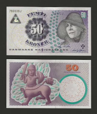 DENMARK 50 Kroner 2007, P-60d, Prefix B4, Pack Fresh Original UNC Grade Cover