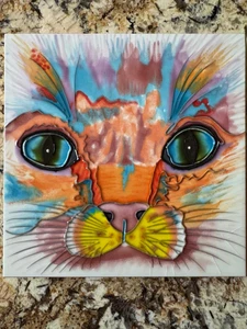 En Vogue handgemalt von Claudia Sanchez CGS 3D Samantha Katze Kunstfliese 7,75 Zoll - Bild 1 von 5