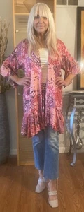Tunica kimono Johnny Was California rosa bianca viola cravatta media floreale S nuova senza etichette - Foto 1 di 11