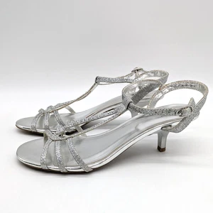 Fioni Womens 8.5 Strappy Dress Sandals Silver Glittery Heels Special Occasion - Picture 1 of 8