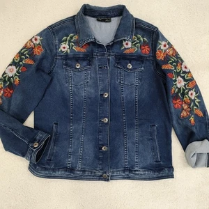 DG2 Diane Gilman Women's Dark Denim Jacket Embroidered Stretch Floral Large Rare - Picture 1 of 12