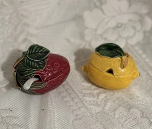 Vintage Enesco Erdbeere & Zitrone Frucht Gelee Marmeladengläser mit Deckel Hergestellt in Japan - Bild 1 von 8