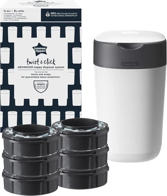 Tommee Tippee Twist and Click Nappy Bin Starter Set, 6x Casetes de Recarga Foto 1 de 4