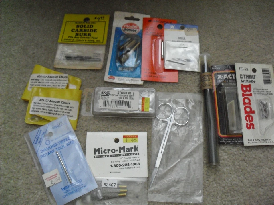 Lot of 13 Hobby Tool PArts X-Acto Blades Burrs Chuck Keys Bits New Old Stock - Image 1 of 3