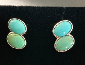 .925 Sterling Silver Oval 2 Shade Turquoise (?) Stud Earrings marked FD - Picture 1 of 9