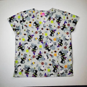SCRUB TOP SIZE S HALLOWEEN CAT TRICK OR TREAT NURSE VET CNA - Picture 1 of 11