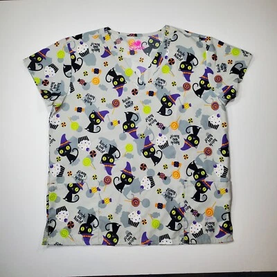SCRUB TOP SIZE S HALLOWEEN CAT TRICK OR TREAT NURSE VET CNA - Image 1 of 4