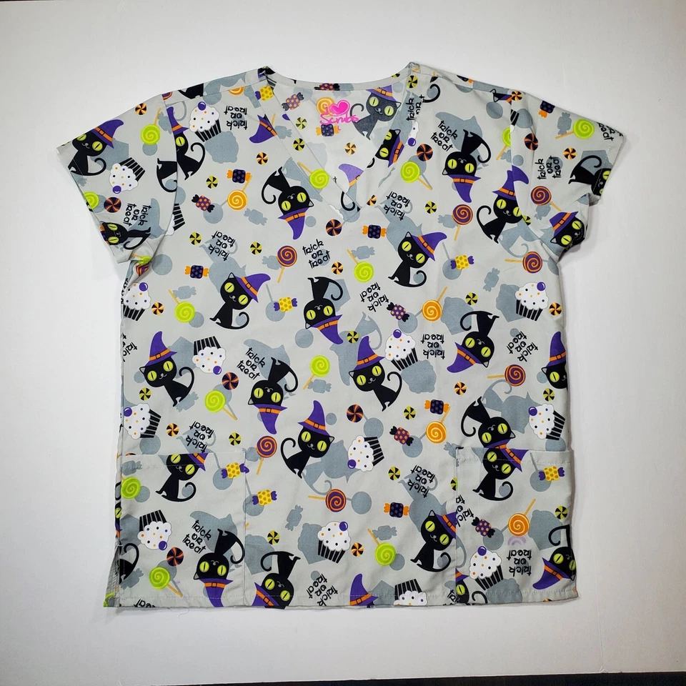 SCRUB TOP SIZE S HALLOWEEN CAT TRICK OR TREAT NURSE VET CNA - Image 1 of 4
