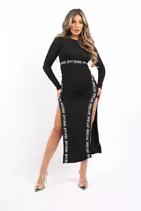 Women's Bodycon Maxi Dress Boss Babe Lettering Long Sleeve 2 Slit Hem Black - Picture 1 of 14