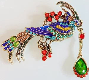 FAB HUGE 3" UNSIGNED DESIGNER Bird "FOWL PLAY' Drop Crystal Encrusted Brooch - Picture 1 of 10