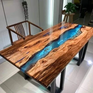 Tavolo in resina epossidica oceano fatto a mano | tavolo da pranzo bordo vivo | arte in resina stile mare - Foto 1 di 9