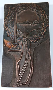 Printer Print Wood Block, Christmas Wreath w/ Ribbon & Candle, Copper on Wood - Picture 1 of 6