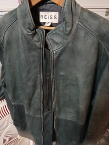 Reiss Mens High End Distressed Green ZIP Leather Jacket - Picture 1 of 21