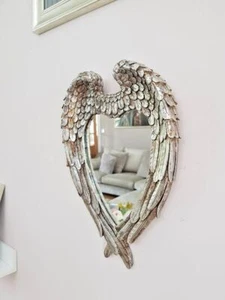 Angel Wings Mirror Heart Shaped Feathered Distressed Home Decor Hanging Wall - Picture 1 of 36