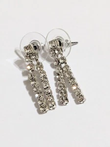 Silver Tone Layered Prong Set Rhinestone Stud/Drop Earrings. 1". Modern. - Picture 1 of 11