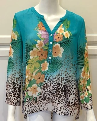 Soft Surroundings Sz PM Petite Medium Floral Semi-Sheer V-Neck Tunic Blouse LN - Image 1 of 4