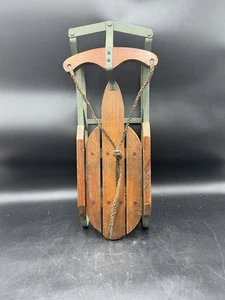 Vintage 19" Brown Wood Wooden & Green Metal Frame Snow Sled Sledding Decor - Picture 1 of 10