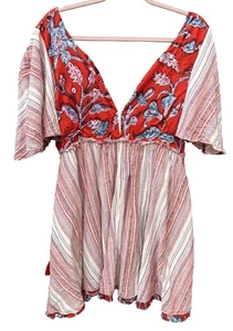 Free People Under The Sun Damen rot weiß Boho gestreift Blumen Tunika Minikleid M - Bild 1 von 8