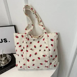 Borsa donna in velluto a coste stampa fragola grande capacità tracolla borsetta - Foto 1 di 9