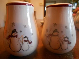 Jolly Snowmen Salt & Pepper Set (s) Royal Seasons Stoneware White Black Red ! - Picture 1 of 12