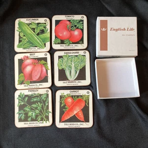 Vintage English Life 6 Coasters Vegetable Seeds 4.24" Square Box Cottage Garden - Picture 1 of 15