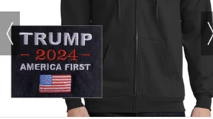 TRUMP 2024 AMERICA FIRST, Ladies Full-Zip Hoodie Black Embroidered With Flag - Picture 1 of 3