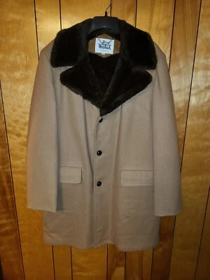 复古羊毛人造毛皮大衣时尚夹克尺寸 44 长外套 BEIGE TAN F1 — 第 1/4 张图片