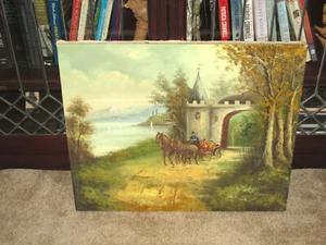 Old 19th Century Oil on Canvass, Horse Drawn Buggy English Countryside, 24wx20h - Picture 1 of 12