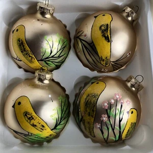 Bird Christmas Ornament Glass Hand Painted Bulb Set of 4 Goldfinch Fun - Picture 1 of 12