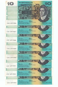 Australia 1985 Johnston Fraser $10 Note CONSECUTIVE RUN OF 8 aUNC - Picture 1 of 4