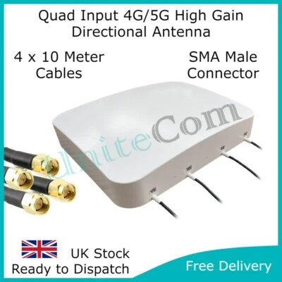 UNITECOM Quad Input MiMo 4x4 High Gain 4G/5G Richtantenne 10 Meter Kabel Antenne