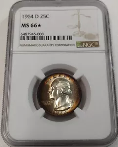 Rainbow TONED 1964-D Washington Quarter 25C NGC MS66 * STAR #6487945-008 - Picture 1 of 7