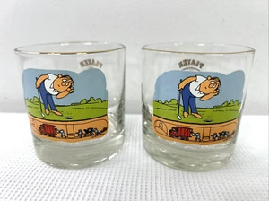 2 Ashby Golf Cartoon Gold Rim 8 Oz Rocks Glasses Vintage 78 Player Jamboree GUC - Picture 1 of 6