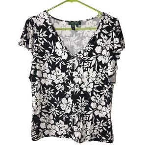 LAUREN RALPH LAUREN BLACK & WHITE FLORAL BLOUSE WOMENS MEDIUM - Picture 1 of 4
