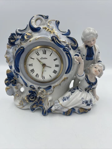 Vintage Linden Genuine Porcelain Alarm Clock Blue and White Statuette C3 Cover