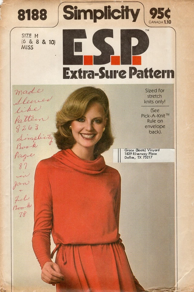 Simplicity 8188 Retro 70s Cowl Neck Dress w Drawstring Casing Waist Sz 6-10 UC - Image 1 of 4