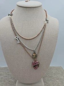 BETSEY JOHNSON 3 Strand Necklace With Crystal Heart,Key,Faux Pearls,Bow Necklace - Picture 1 of 5