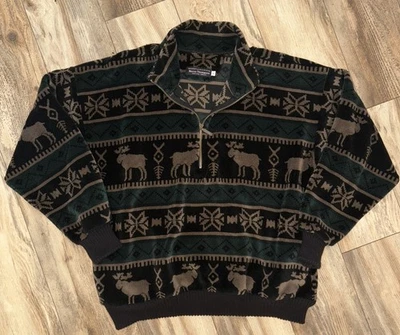 Norm Thompson Men’s 1/4 Zip Sweater Moose Nordic Fleece Green Black Size Large - Image 1 of 4