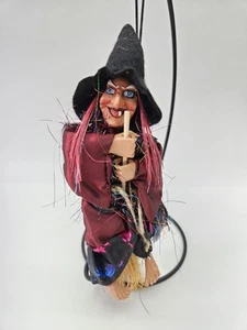 Hanging Witch Decoration Kitchen Witch On Broom Halloween Old Hag Red Black - Picture 1 of 7