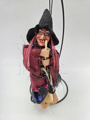 Hanging Witch Decoration Kitchen Witch On Broom Halloween Old Hag Red Black  - Image 1 of 4