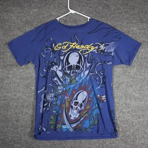 Ed Hardy Christian Audigier T Shirt Mens M Blue Rare Grunge Skulls Y2K Tattoo - Picture 1 of 8