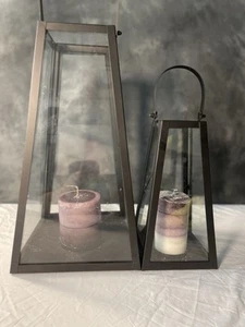 Set of 2 Black Metal Lanterns Glass Panels & Candles – 21” & 13” Tall Modern Dec - Picture 1 of 12
