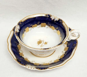 Antique 1800s John Ridgway Cobalt Blue & Gold Teacup Saucer with Leaf Garlands - Picture 1 of 8
