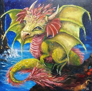 Original oil painting on canvas Large Green Dragon - Picture 1 of 2