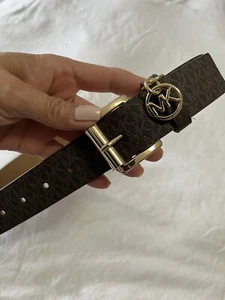 MICHAEL KORS BELT CHOCOLATE MK LOGO WITH MK CHARM GOLD BUCKLE SZ Medium - Picture 1 of 10