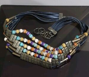 Vintage Womans Belt 80's Beaded Beads Multicolor and Gold Tone Faux Leather Osfm