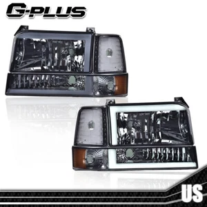 Fit For 92-96 Ford F150/F250/F350 Bronco Pair LED DRL Smoke Lens Headlights - Picture 1 of 13