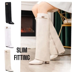 Ladies Knee High Boot Womens Stretch Elastic Gusset Zip Buckle Warm Winter Shoes - Picture 1 of 4