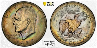 1972 $1 Type 1 Ike Dollar MS64 PCGS Gold Shield Toned - Image 1 of 4